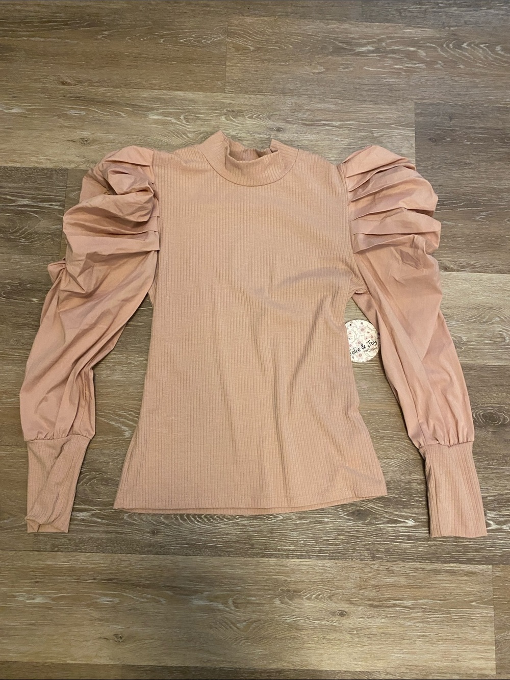 Ribbed Puff-Sleeve Mock Neck Top in Blush Pink